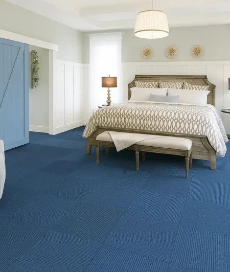 Olivia Blue Carpet Tiles In Bedroom