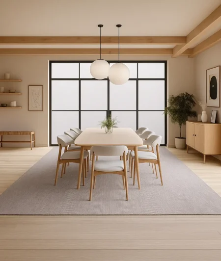 Plush Grege Wool Carpets In Dining Area