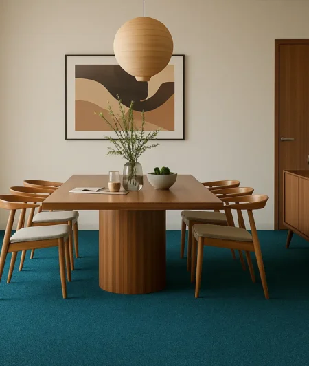 Plush Turquoise Wool Carpets In Dining Area