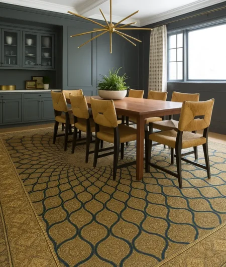 Risala Blue Shahzaneen Silk Carpets In Dining Area