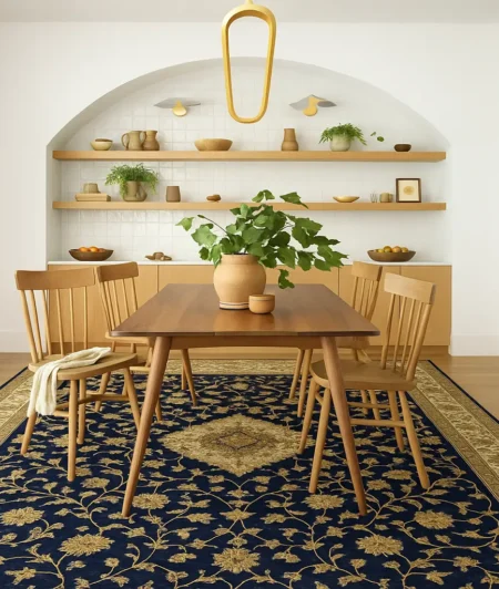 Risala Sapphire Tabriz Silk Carpets In Dining Area