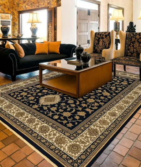 Risala Sapphire Tabriz Silk Carpets In Living Room