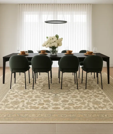 Risala White Senneh Silk Carpets In Dining Area