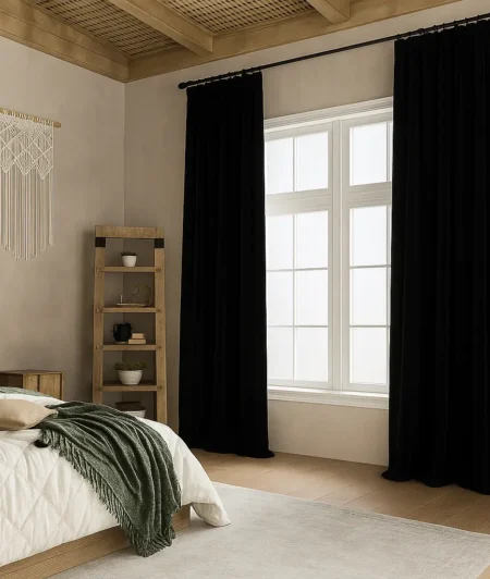 Risala Black Velvet Curtains In Bedroom