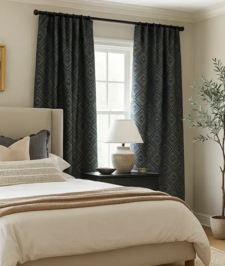 Risala Blue Brocade Curtains In Bedroom