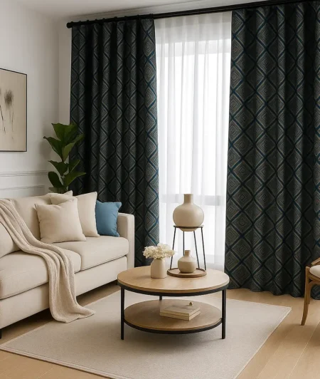 Risala Blue Brocade Curtains In Living Room