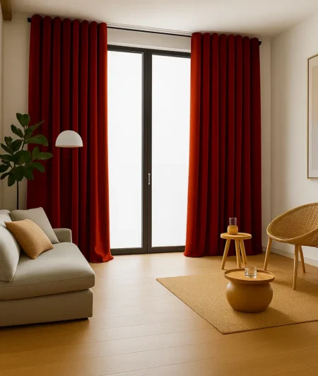 Risala Dark Coral Velvet Curtains In Living Room