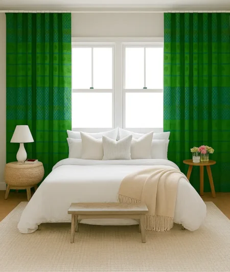 Risala Green Brocade Curtains In Bedroom