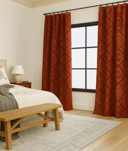 Risala Maroon Brocade Curtains In Bedroom