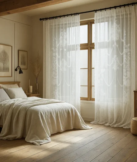 Risala Natural White Lace Curtains In Bedroom