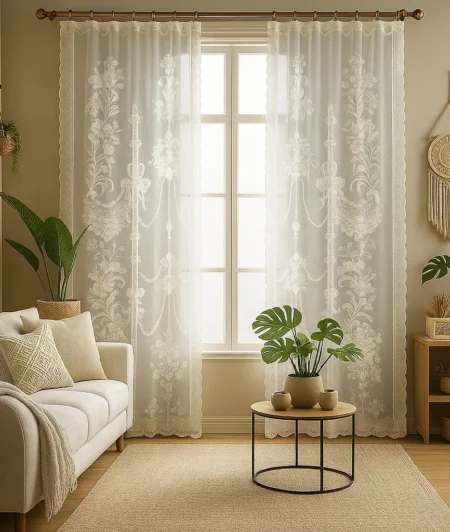 Risala Natural White Lace Curtains In Living Room