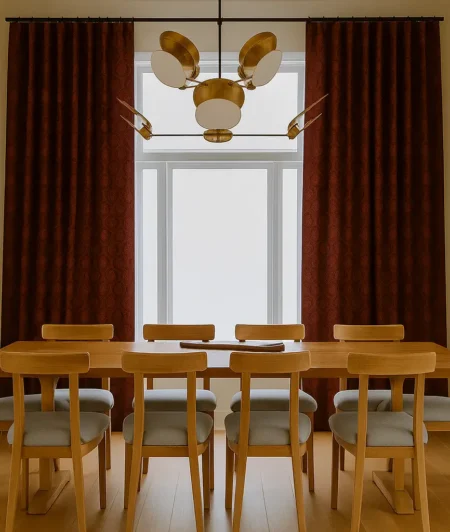 Risala Red Brocade Curtains Sample In Dining Area