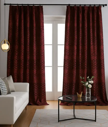 Risala Red Brocade Curtains Sample In Living Room