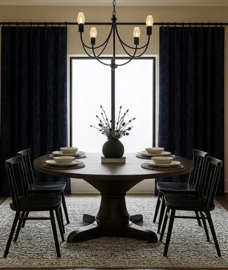 Risala Regal Black Lace Curtains In Dining Area