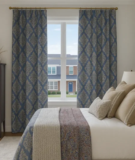 Risala Regal Grey Lace Curtains In Bedroom