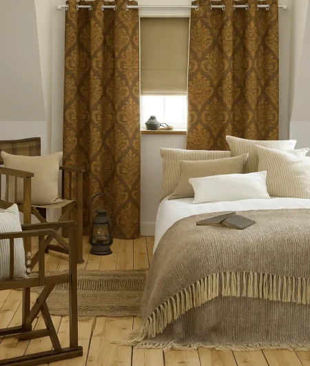 Risala Regal Latte Lace Curtains In Bedroom