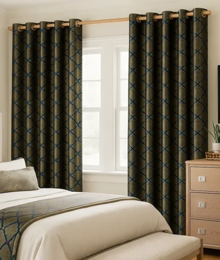 Risala Teal Blue Brocade Curtains In Bedroom