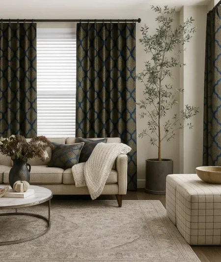 Risala Teal Blue Brocade Curtains In Living Room