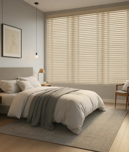 Risala Antique White Wooden Blinds In Bedroom
