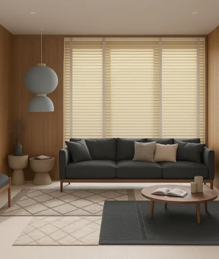 Risala Antique White Wooden Blinds In Living Room