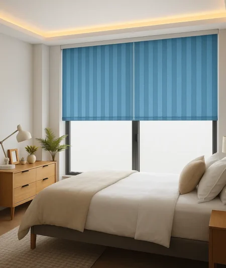Risala Azure Blue Vertical Blinds In Bedroom