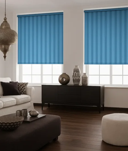Risala Azure Blue Vertical Blinds In Living Room