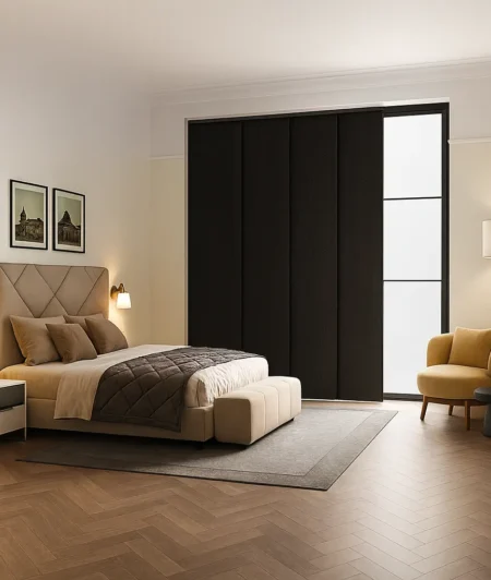 Risala Charcoal Gold Panel Blinds In Bedroom