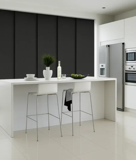 Risala Charcoal Gold Panel Blinds In Kitchen
