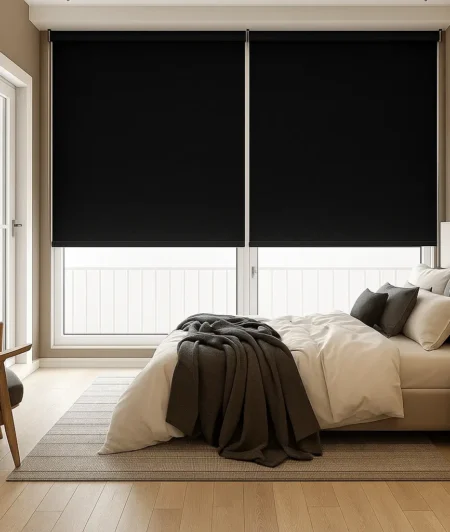 Risala Charcoal Grey Blackout Blinds In Bedroom