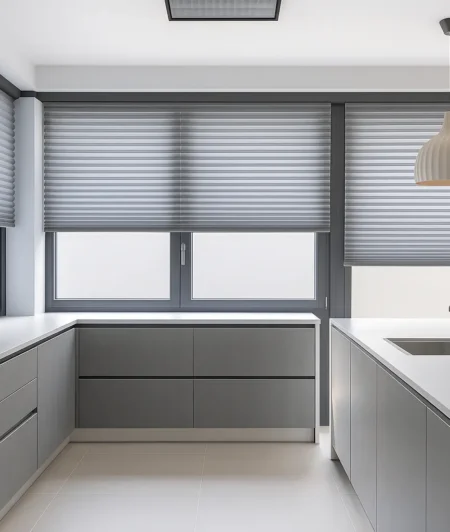 Risala Charcoal Grey Pleated Blinds In Kitchen