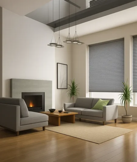 Risala Charcoal Grey Pleated Blinds In Living Room