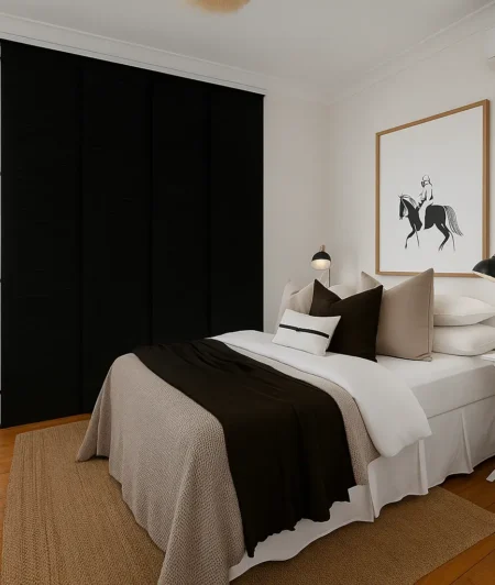 Risala Charcoal Panel Blinds In Bedroom