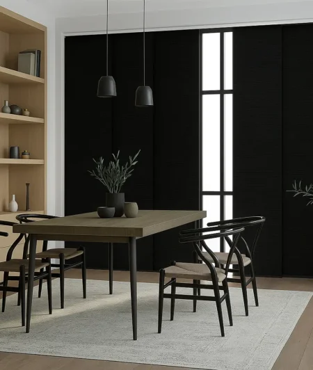 Risala Charcoal Panel Blinds In Dining Area