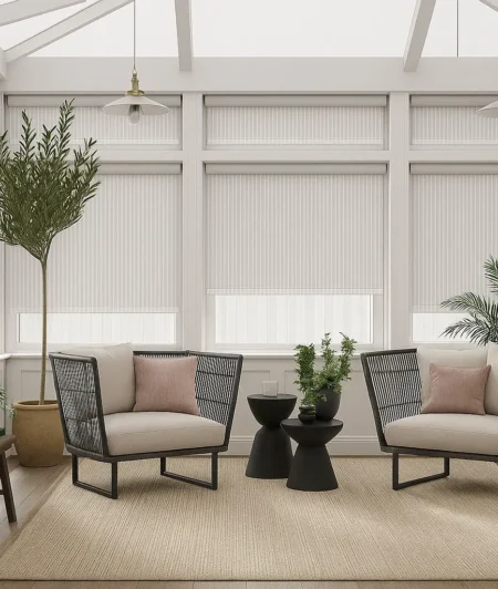Risala Classic White Vertical Blinds In Living Room