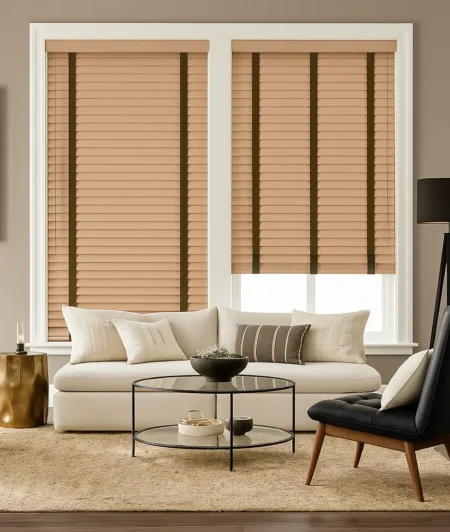 Risala Cork Beige Wooden Blinds In Living Room