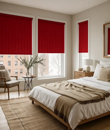 Risala Crimson Red Vertical Blinds In Bedroom