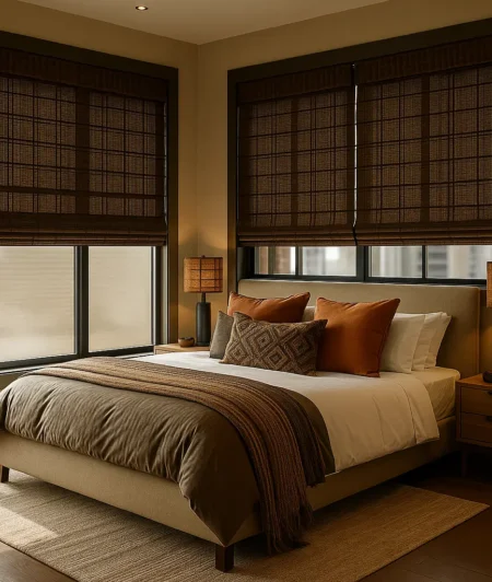 Risala Dark Walnut Grid Bamboo Blinds In Bedroom