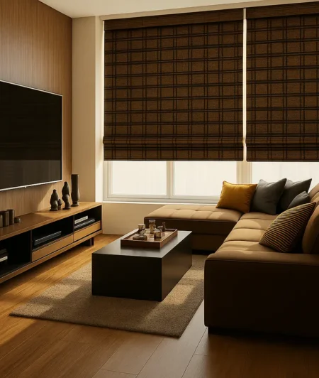 Risala Dark Walnut Grid Bamboo Blinds In Living Room