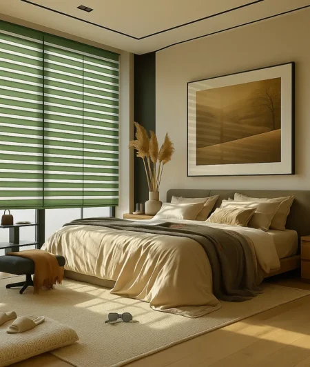 Risala Forest Green Bamboo Blinds In Bedroom