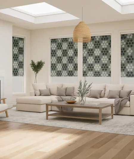 Risala Geometric HoneyComb Roller Blinds In Living Room