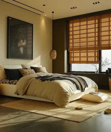 Risala Golden Weave Bamboo Blinds In Bedroom