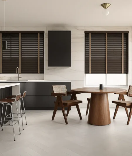 Risala Grayish Brown Wooden Blinds In Kitchen