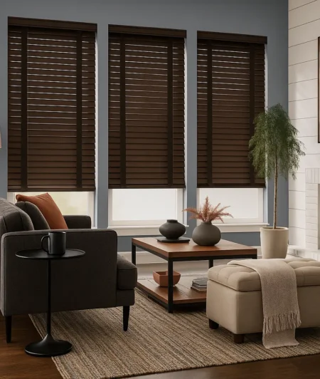 Risala Grayish Brown Wooden Blinds In Living Room