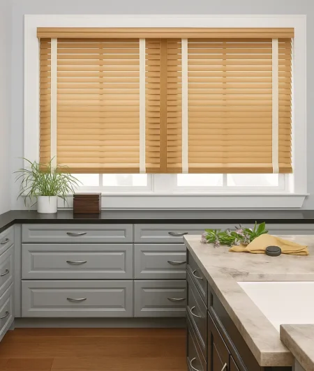 Risala Grayish Mocha Wooden Blinds In Kitchen