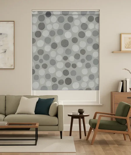 Risala Grey Polka Dots Roller Blinds In Living Room