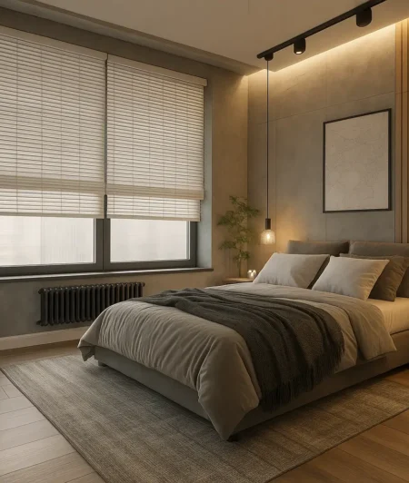 Risala Ivory White Stripes Bamboo Blinds In Bedroom