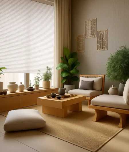 Risala Ivory White Stripes Bamboo Blinds In Living Room