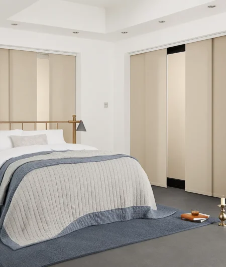 Risala Linen Bronze Panel Blinds In Bedroom