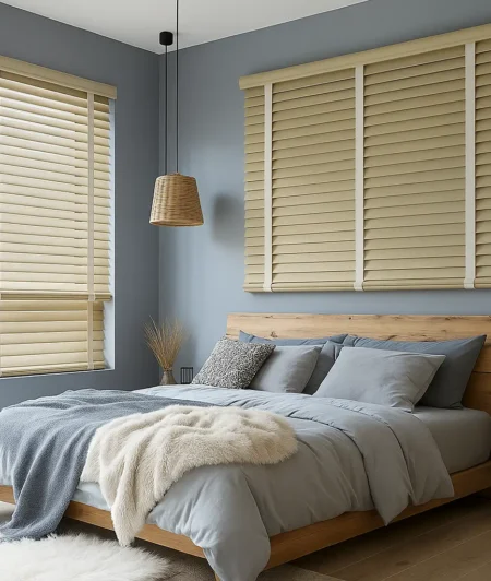 Risala Matt Gray Wooden Blinds In Bedroom