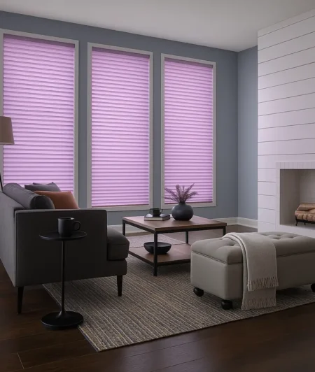 Risala Mauve Purple Pleated Blinds In Living Room